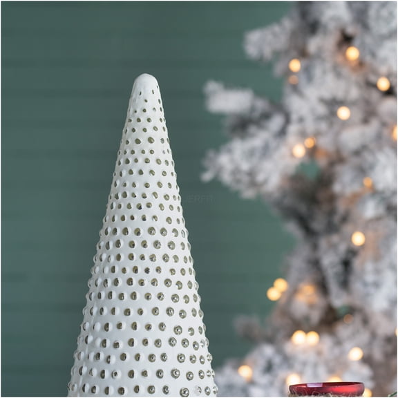 JERFIT 18" Cream Opalescent Glass Cone Christmas Tree Decor with Wood Base for Holiday Tabletop Display