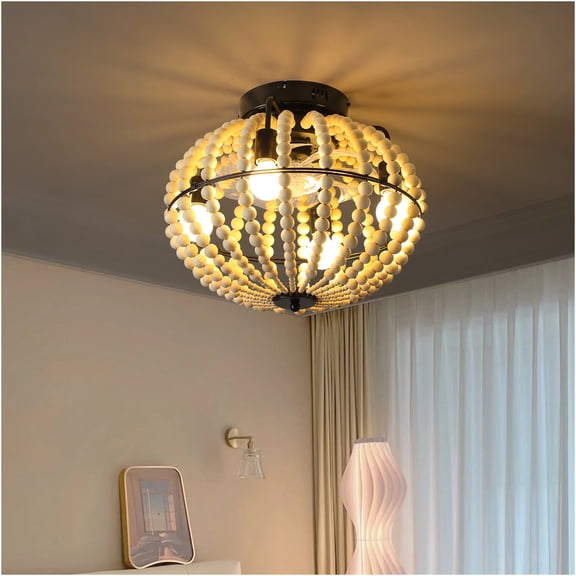 JERFIT 18 Inch Bohemian White Wood Beaded Flush Mount Caged Ceiling Fan Light Fixture with DC Motor 6 Speed and No Bulbs Included