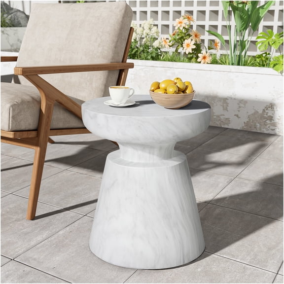 JERFIT 18 Inch Outdoor Indoor Concrete Side Table with Travertine Finish, Lightweight & Durable Accent Table for Patio, Garden, Living Room, Balcony in White