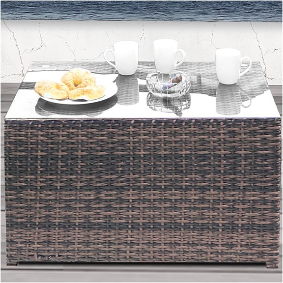 JERFIT 18" Modern Brown Rattan Fire Pit Coffee Table with Glass Top, Fully Assembled Outdoor Patio Furniture for Garden, Deck, Porch
