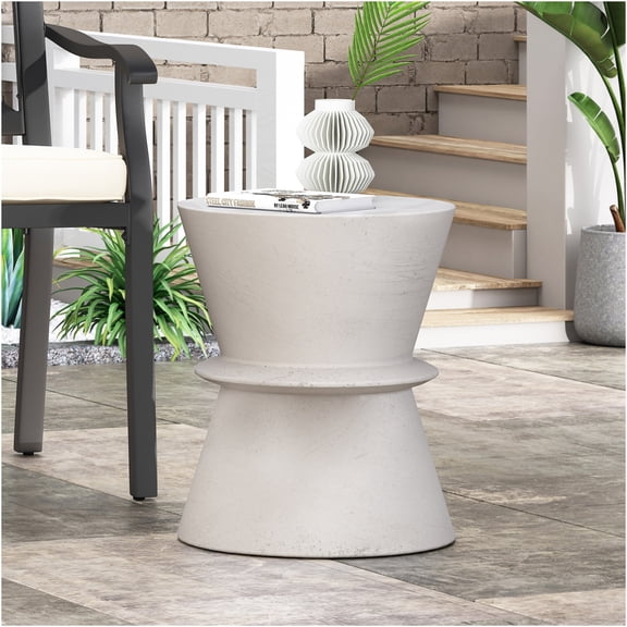 JERFIT 18" Outdoor End Table, Antique White Lightweight Concrete Accent Table for Patio, Poolside & Garden, Hourglass Design, No Assembly Needed
