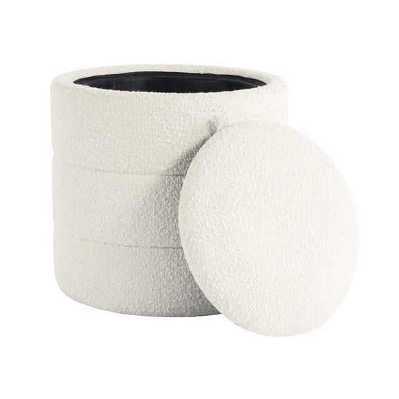 JERFIT 18" Round Storage Ottoman with Removable Lid, White Boucle Fabric Upholstered, Tufted Footstool Pouf for Living Room, Accent Seat & Hidden Organizer