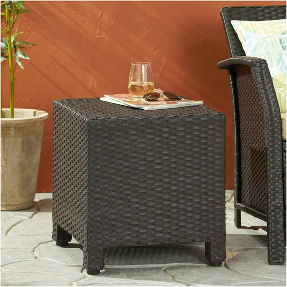 JERFIT 18-inch Dark Brown Outdoor End Table, PE Wicker Rattan Cube Side Table for Patio, Porch, Poolside & Garden, No Assembly Required Accent Table