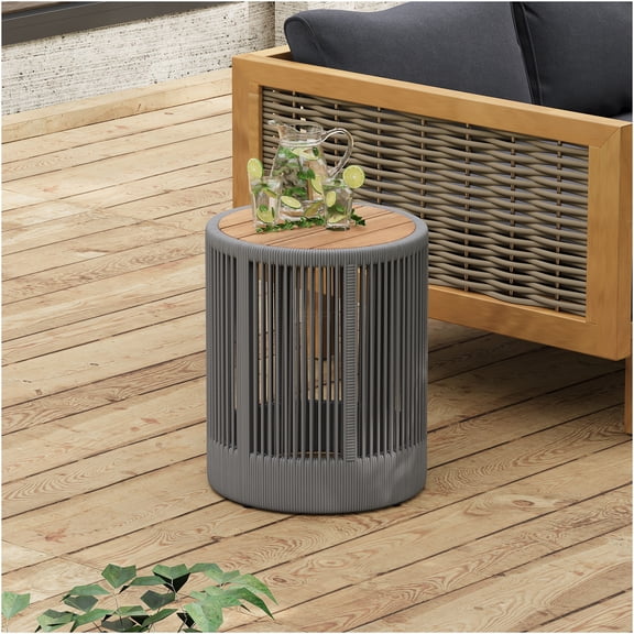 JERFIT 18-inch End Table with Acacia Wood Top, Woven Rope & Iron Frame, Weather Resistant Side Table for Patio, Living Room, Bedroom, Balcony, Grey & Teak