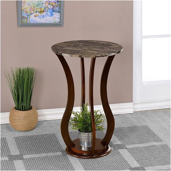 JERFIT 18 inch Round End Table, Pedestal Accent Table with Faux Marble Top, Wood Plant Stand for Living Room, Bedroom, Traditional Brown Side Table