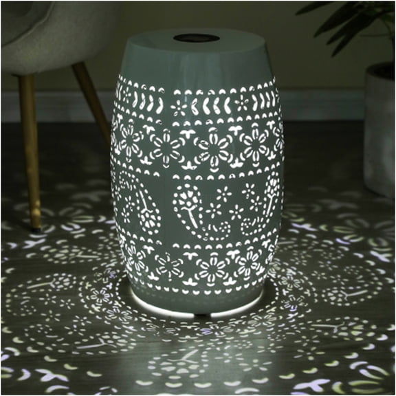 JERFIT 18-inch White Solar Powered End Table with LED Flower Light Pattern, Outdoor Indoor Iron Accent Table for Patio Garden Decor