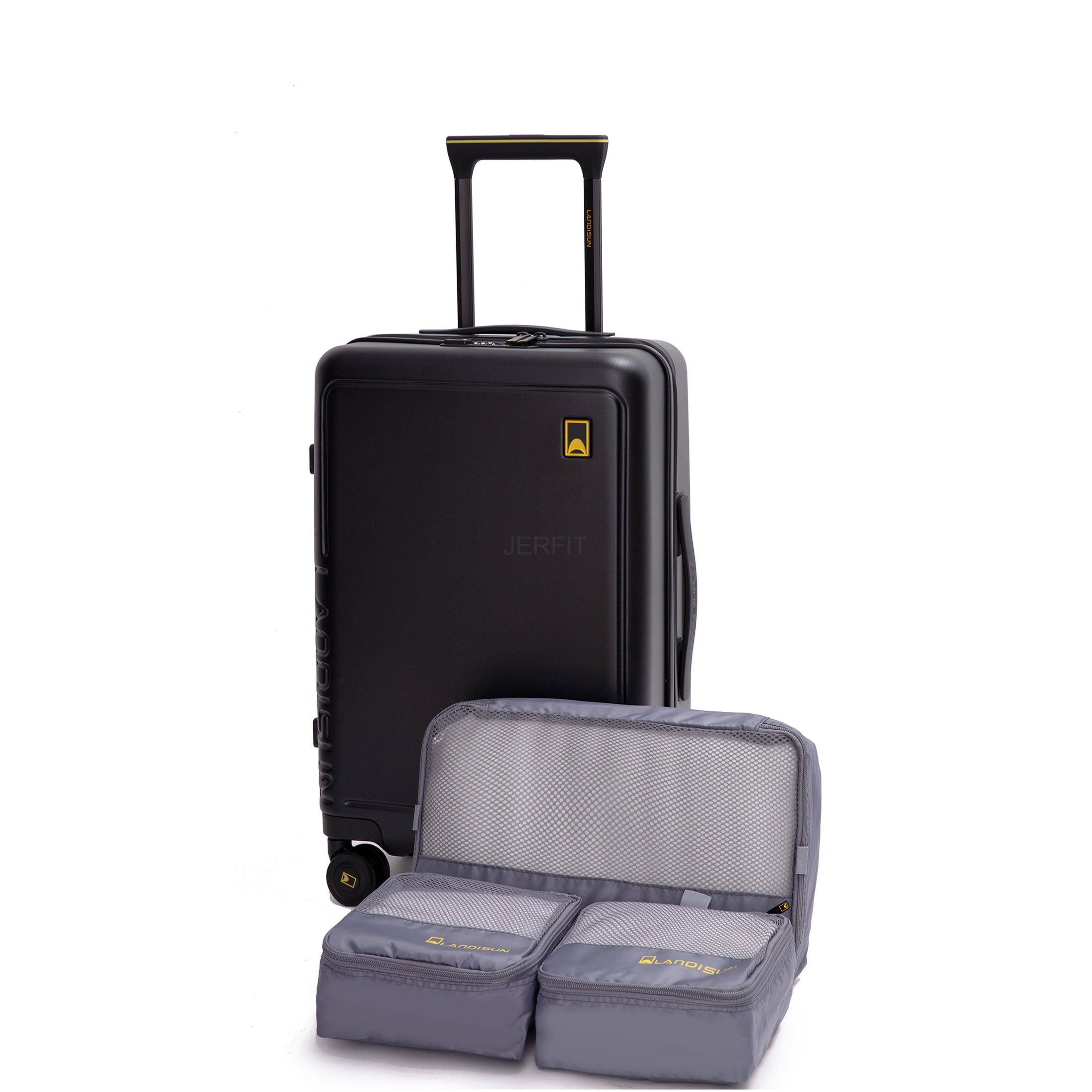 JERFIT 19 Inch Carry On Luggage Hard Shell Spinner Suitcase, 3-Piece Set with Lining Storage Bag, ABS+PC Lightweight Checked Luggage with Wheels for Travel, Black