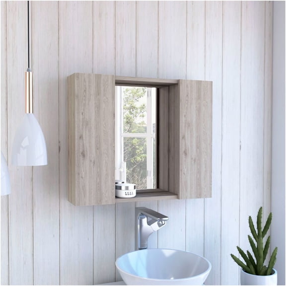 JERFIT 19 inch Double Door Medicine Cabinet with Mirror, Wall Mount Bathroom Storage Organizer with External Shelf, Particle Board, Light Gray