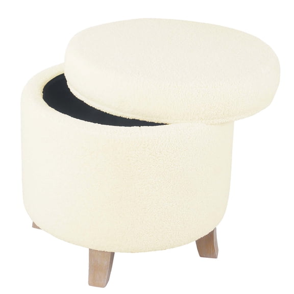 JERFIT 19 inch Round Storage Ottoman with Lift Top, Beige Faux Sheepskin Footstool, Brown Wood Legs, for Living Room Bedroom