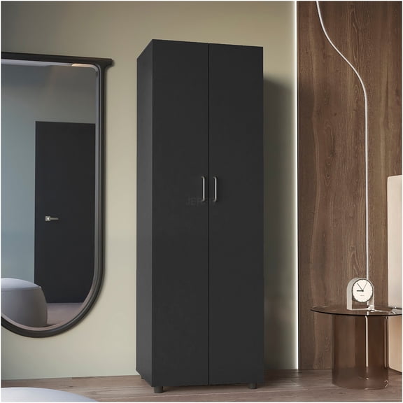 JERFIT 2-Door Armoire with 3 Shelves, Freestanding Storage Cabinet with Doors, Black Finish