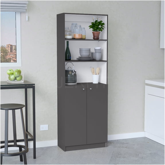 JERFIT 2-Door Bookcase with Storage Cabinet & Open Shelves, Modern Office Book Shelf Organizer with Doors, Multi-Tier Storage Unit for Home, Office, Living Room in Gray & White Finish