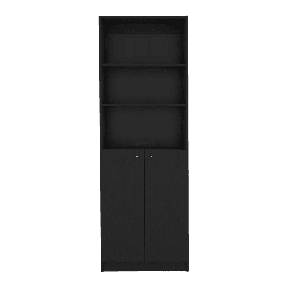 JERFIT 2-Door Bookcase with 3 Open Shelves, Black Storage Cabinet for Office & Home, Engineered Wood Organizer with Doors