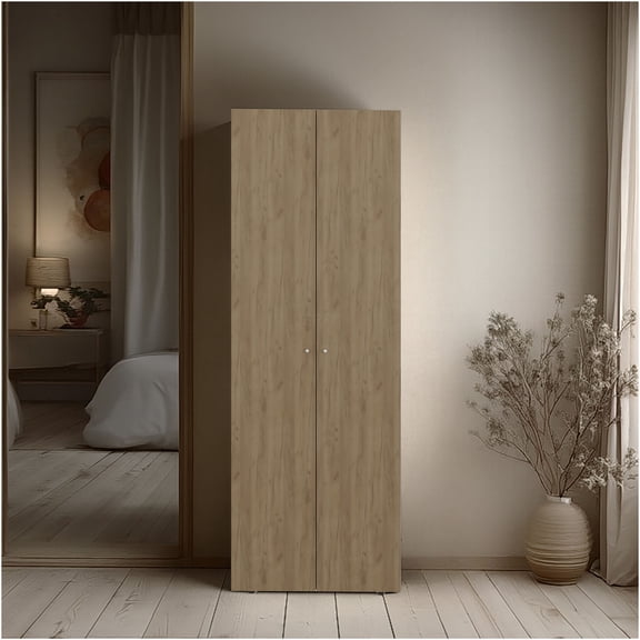 JERFIT 2-Door Tall Wardrobe Cabinet with Hanging Rod, Freestanding Storage Closet Organizer for Bedroom, Apartment, Natural Oak Finish