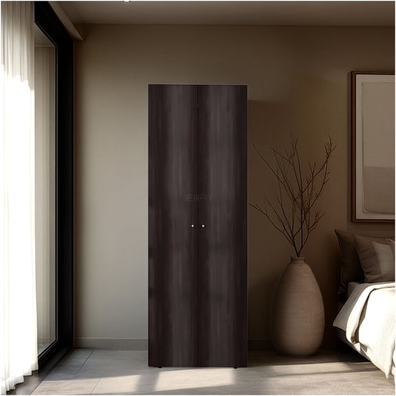 JERFIT 2-Door Tall Wardrobe Cabinet with Hanging Rod, Modern Freestanding Storage Closet Organizer for Bedroom, Walnut Finish