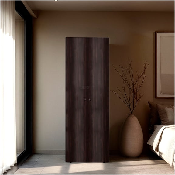 JERFIT 2-Door Walnut Armoire Closet with Hanging Rod, Freestanding Wardrobe Cabinet for Bedroom, Modern Storage Organizer