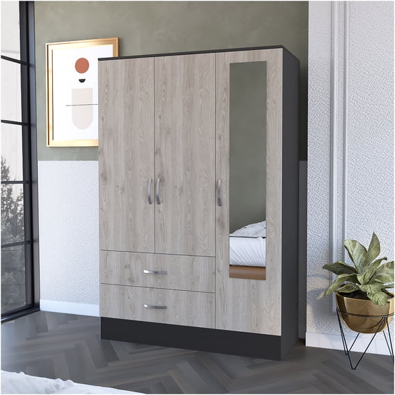 JERFIT 2-Drawer Armoire with Full-Length Mirror, Beige Finish Storage Cabinet with Hanging Bar, Shelves for Bedroom, Closet Organization