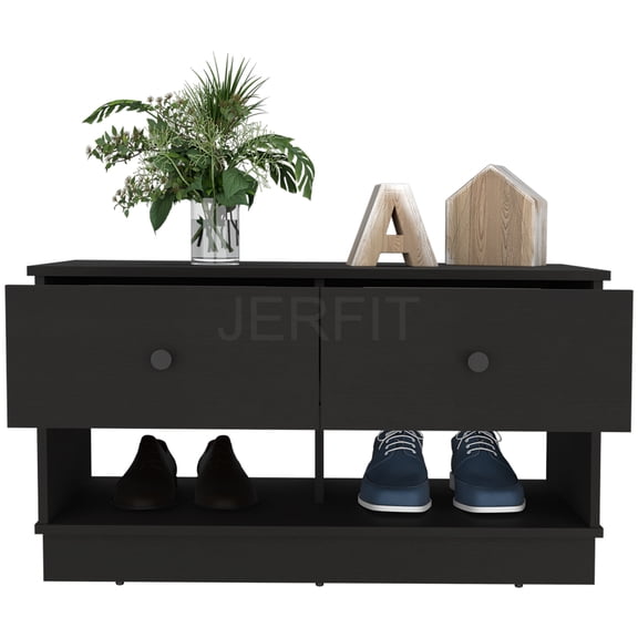 JERFIT 2-Drawer Storage Bench with Open Shelf, Entryway Bench for Hallway, Shoe Rack Organizer, Black Wood Finish