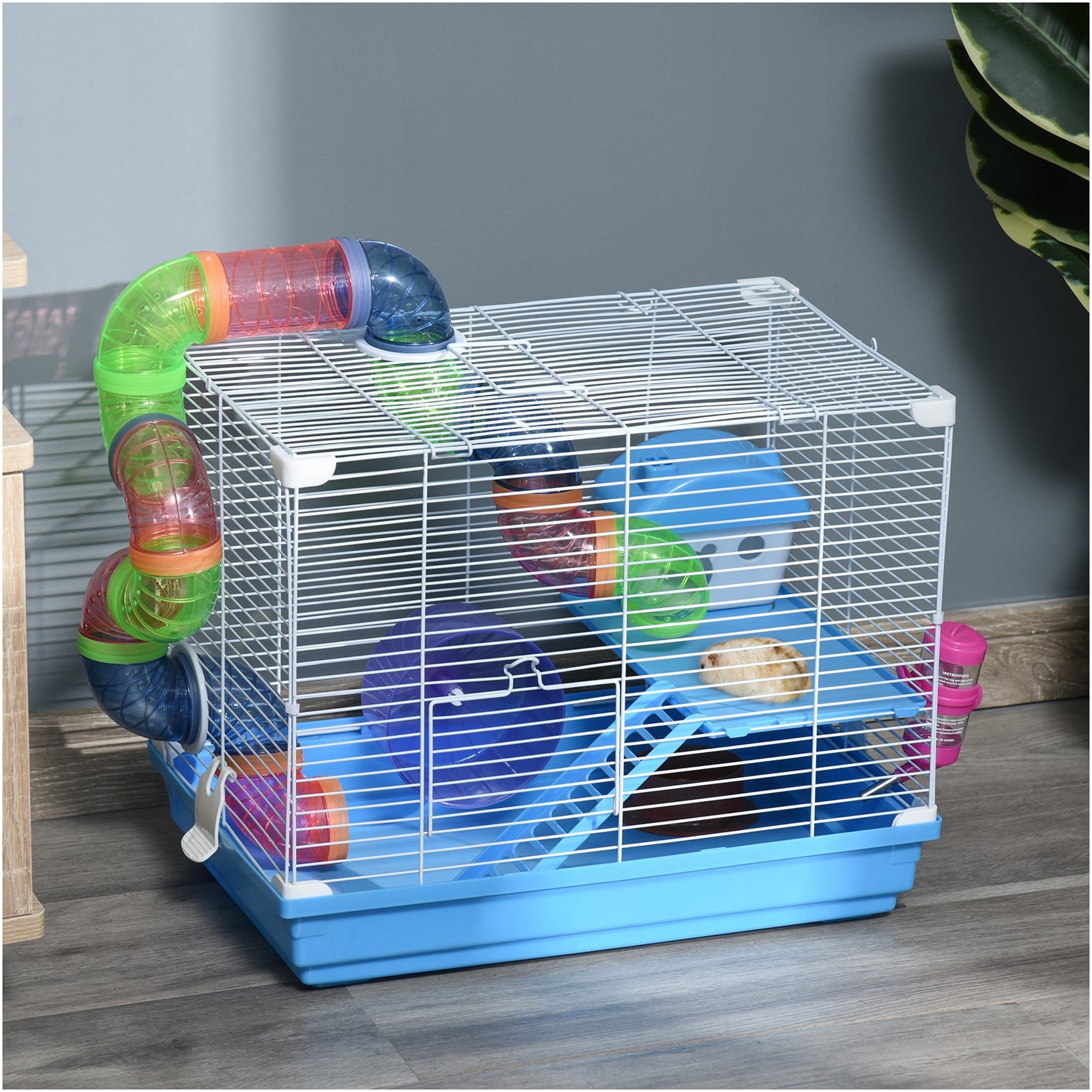 JERFIT 2-Level Metal Hamster Cage with Wheel, Water Bottle & Tubes - Blue Pet Habitat for Dwarf Hamsters, Mice & Gerbils