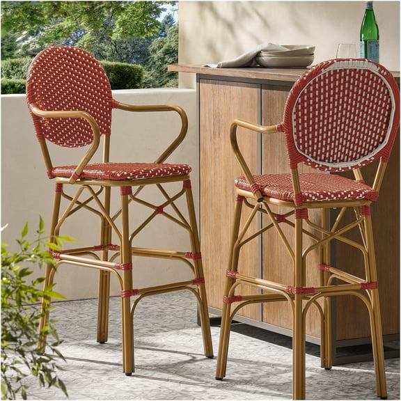 JERFIT 2-Pack 29.5 Inch French Bistro Bar Stools, Outdoor Aluminum Rattan Barstools with Rust-Proof Frame, Red Bamboo Print Finish for Patio Garden Cafe