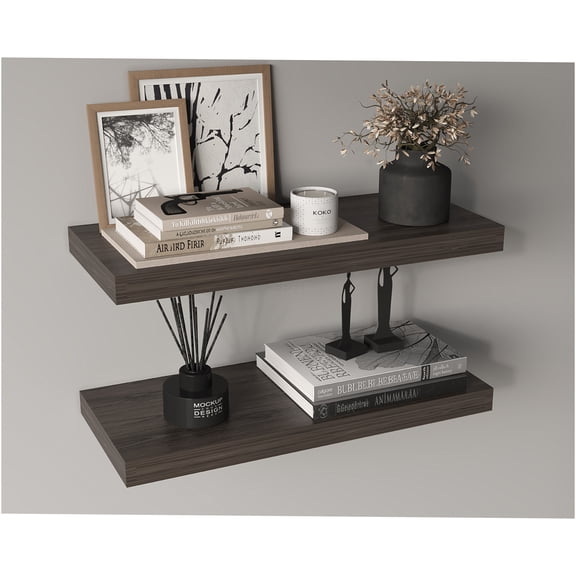JERFIT 2-Pack 31.5 inch Floating Shelves, Dark Walnut Wall Mounted Shelves for Living Room, Bedroom, Bathroom, Modern Hidden Brackets Storage & Display