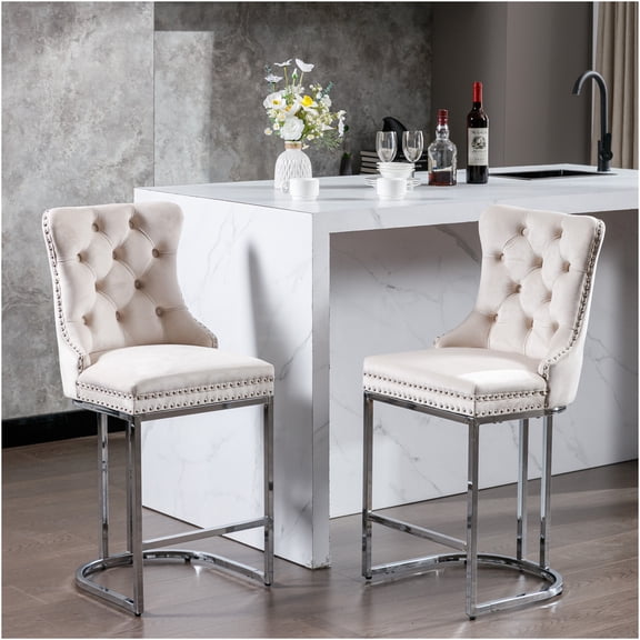 JERFIT 2-Pack Beige Velvet Upholstered Counter Bar Stools with Chrome Metal Legs, Button Tufted Back, Farmhouse Kitchen Island Seating