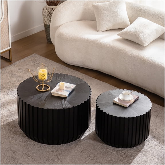 JERFIT 2-Pack Black Fluted Round End Tables, Fully Assembled Solid Wood Accent Tables for Small Spaces, Sofa Side or Bedroom Nightstands