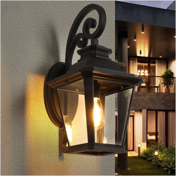 JERFIT 2-Pack Black Outdoor Wall Lanterns, Waterproof Wall Sconce Light with Clear Glass for Porch, Patio, Doorway