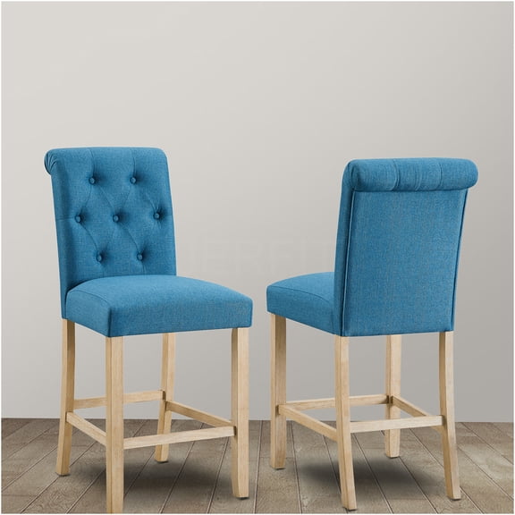 JERFIT 2-Pack Blue Counter Stools with Button Tufted Back, Armless Solid Wood Bar Stools for Kitchen Island Dining