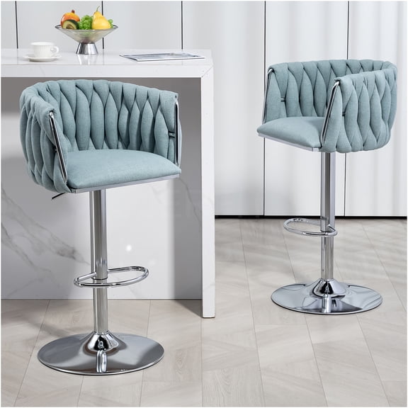 JERFIT 2-Pack Blue Fabric Swivel Bar Stools with Footrest, Adjustable Counter Height Kitchen Island Seating for Cafe, Pub, Modern Woven Back Design