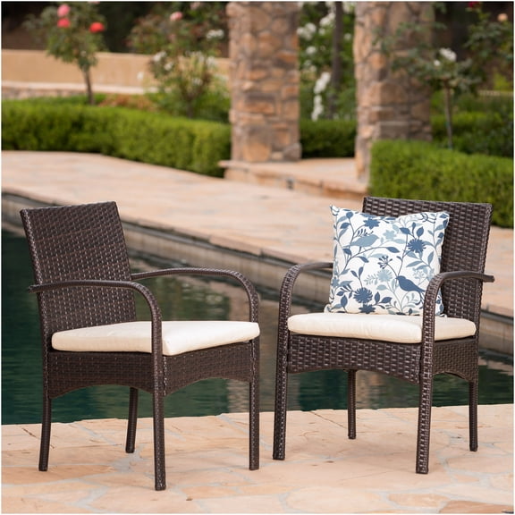 JERFIT 2-Pack Brown and Beige PE Wicker Patio Dining Chairs with Waterproof Cushions, Outdoor Rattan Side Chairs for Garden, Poolside, Veranda