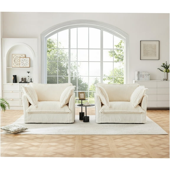 JERFIT 2-Pack Cream Corduroy Accent Armchairs with Removable Slipcovers, Deep Seating Lounge Chairs for Living Room, Bedroom