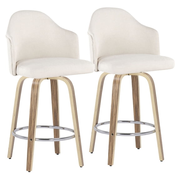 JERFIT 2-Pack Cream Fabric Counter Stools with Zebra Wood Legs, Chrome Footrest, Swivel Seat for Kitchen Island Bar