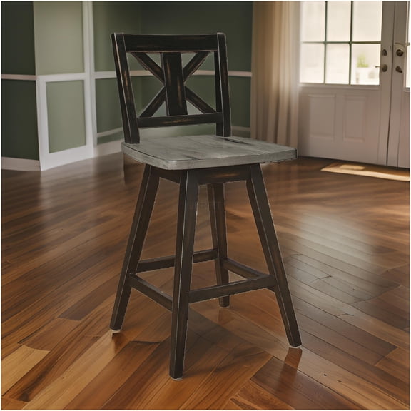 JERFIT 2-Pack Farmhouse Swivel Bar Stools with X-Back, 360 Rotation, Solid Wood Counter Height Chairs for Kitchen Island, Antique Gray