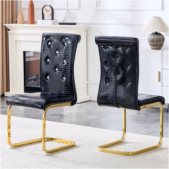 JERFIT 2-Pack Faux Alligator Leather Dining Chairs with Crystal Buckle Accents, Gold Metal Bow Legs for Elegant Kitchen Dining Room