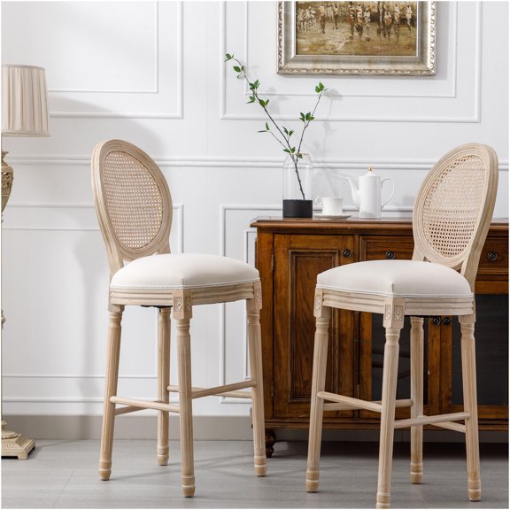 JERFIT 2-Pack French Country Bar Stools with Rattan Back and Upholstered Seat, Beige Linen Fabric & Solid Wood Frame, Counter Height Stool Set for Kitchen Island, Breakfast Bar, Cafe