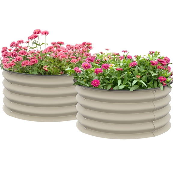 JERFIT 2-Pack Galvanized Steel Raised Garden Bed, 23.5" Round Outdoor Planter Box for Vegetables, Flowers, Herbs with Safe Edging, Cream White