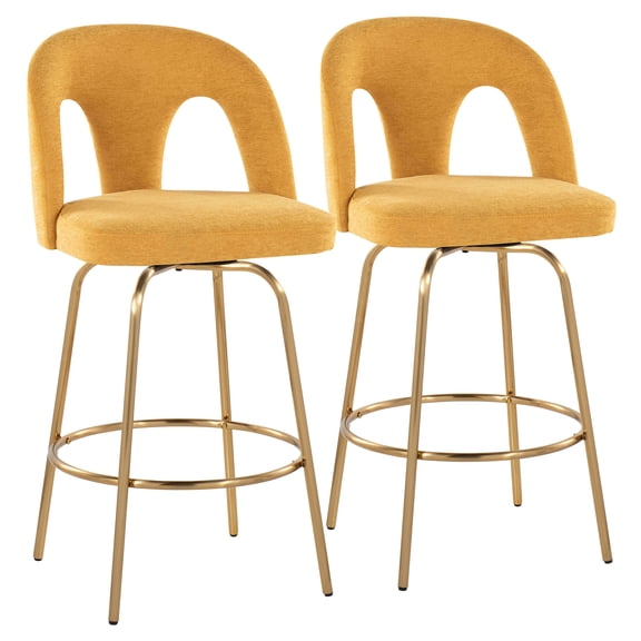 JERFIT 2-Pack Gold Bar Stools with Swivel Seat, Yellow Fabric Counter Stools, Round Footrest for Kitchen Island, Dining & Home Decor