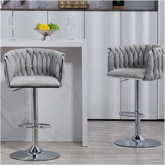 JERFIT 2-Pack Gray Fabric Swivel Bar Stools with Woven Back, Adjustable Counter Height Stools with Footrest for Kitchen Island, Cafe & Home Decor
