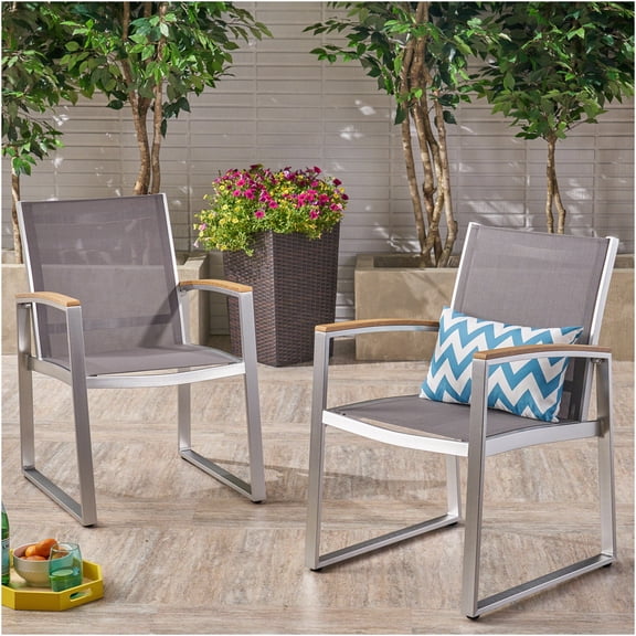 JERFIT 2-Pack Grey Outdoor Dining Chairs Aluminum Frame Modern Patio Chairs for Garden, Poolside, Bistro