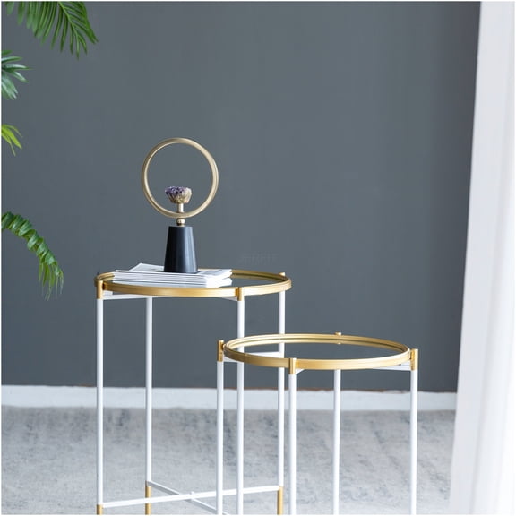 JERFIT 2-Pack Mirrored Nesting Side Tables with Gold Frame, Modern Nightstand End Table for Living Room, Bedroom