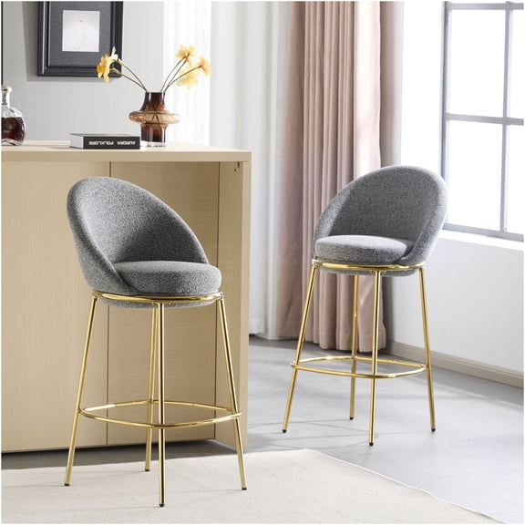 JERFIT 2-Pack Modern Bar Stools with Gold Metal Frame and Plush Gray Fabric Upholstery for Kitchen Island, Counter, and Home Bar Seating
