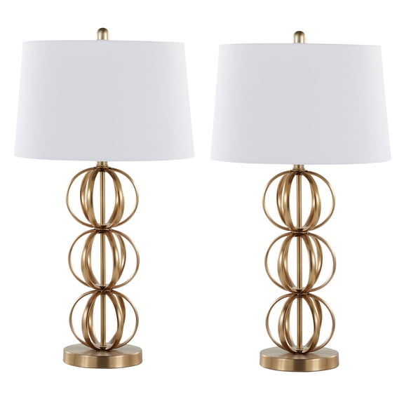 JERFIT 2-Pack Modern Gold Table Lamps with White Linen Drum Shade, 3-Way Switch, Stacked Orb Design for Bedroom, Living Room, or Office Lighting