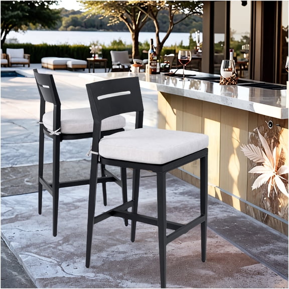 JERFIT 2-Pack Modern Outdoor Bar Stools with Backrest & Footrest, Ember Black Powder-Coated Aluminum Frame, Sunbrella Fabric Cushions, All-Weather Patio Bar Height Chairs for Kitchen Island, Pool