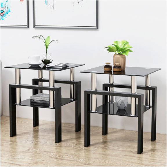 JERFIT 2-Pack Modern Square End Tables with Tempered Glass Tops, Black Coffee Table Set for Living Room, Bedroom, or Office