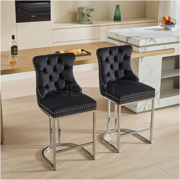JERFIT 2-Pack Modern Velvet Bar Stools with Tufted Back, Chrome Metal Base, Counter Height Upholstered Stools for Kitchen Island, Farmhouse Dining, Black