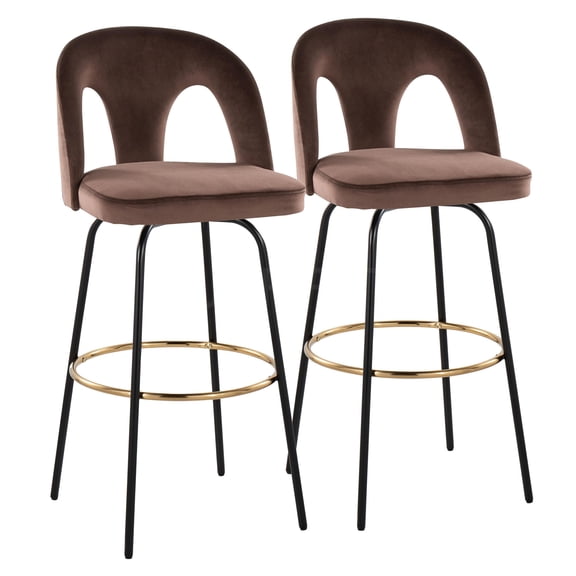 JERFIT 2-Pack Modern Velvet Swivel Bar Stools with Gold Footrest, Black Metal Frame, Espresso Upholstered Counter Height Stools for Kitchen Island