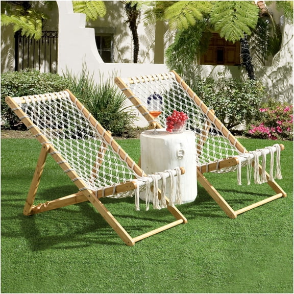 JERFIT 2-Pack Natural Bamboo Weaving Patio Chairs with Adjustable Back, Handwoven Rope Seat for Garden, Balcony, Poolside & Indoor Lounge