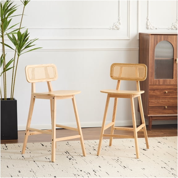 JERFIT 2-Pack Natural Wood Bar Stools with Woven Rattan Back, Bentwood Cafe Height Stools for Kitchen Island, Dining & Home Decor