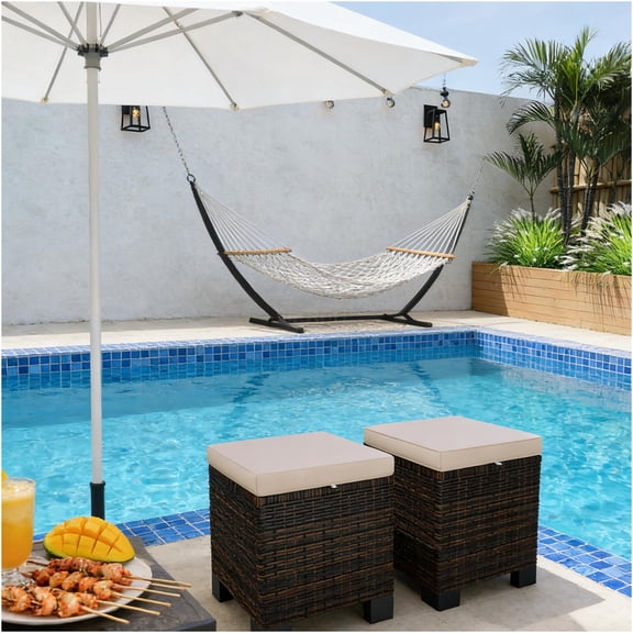 JERFIT 2-Pack Outdoor Ottoman Cube, Brown & Cream White Patio Footrest Stool with Washable Cushion, PE Wicker & Steel Frame Side Table for Garden, Pool
