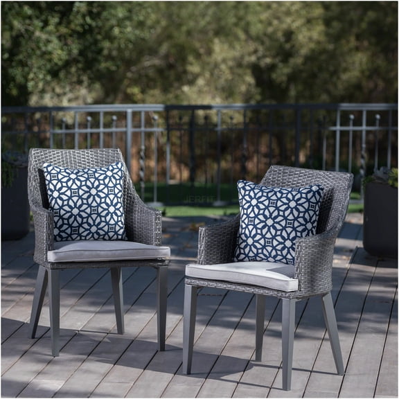 JERFIT 2-Pack Patio Chairs, Outdoor Lounge Chairs with Cushions, Grey Rattan Chairs for Garden, Poolside, Backyard, Waterproof PE Wicker & Metal Frame